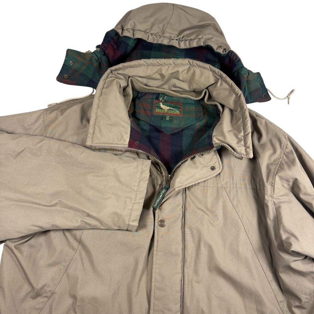 Vintage Field Stream Parka Jacket Mens 2X Big Tan Plaid Lined Thinsulate Hooded